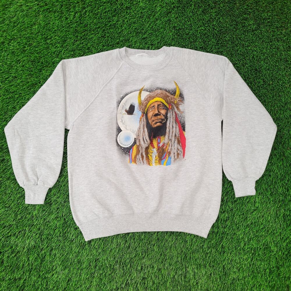 Vintage 90s Native-American Raglan Sweatshirt Large 22x26 Gray